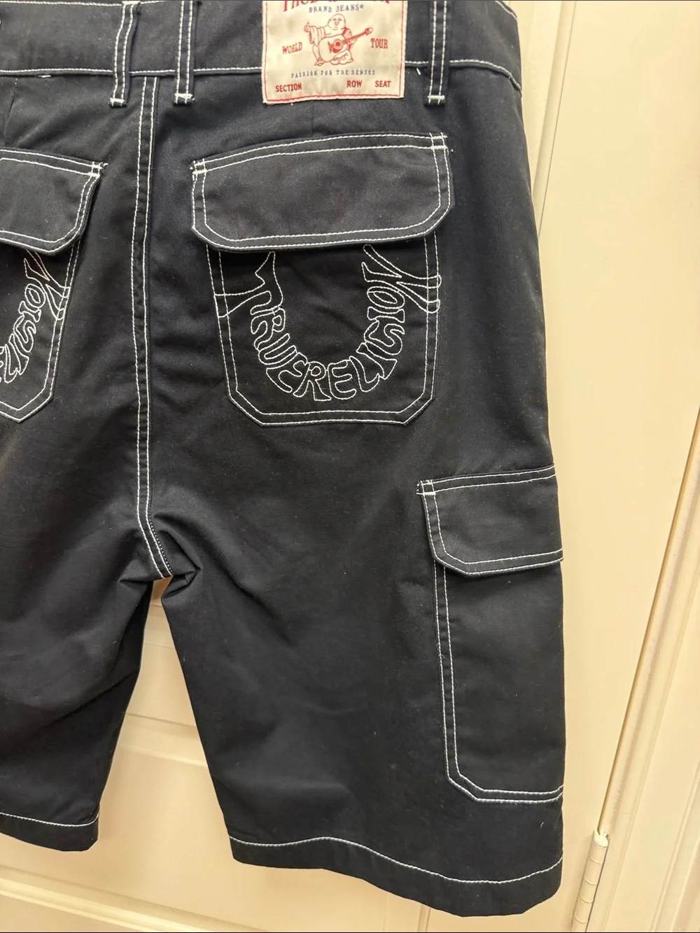 True Religion Black Cargo Shorts with White Contrast Stitching